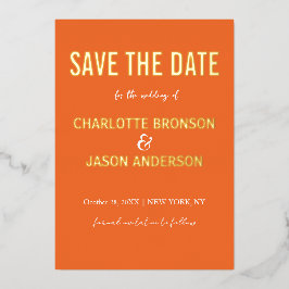 Invitación Con Relieve Metalizado Simple Naranja Retro Moderno Ahorra La Fecha Oro