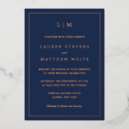 Invitación Con Relieve Metalizado Simple Navy Blue Monograma Elegante Boda
