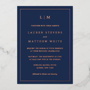 Invitación Con Relieve Metalizado Simple Navy Blue Monograma Elegante Boda
