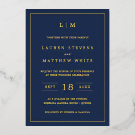 Invitación Con Relieve Metalizado Simple Navy Blue Monograma Elegante Boda