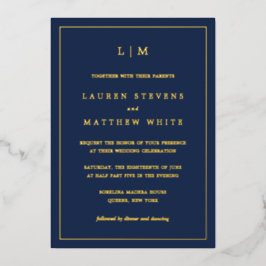 Invitación Con Relieve Metalizado Simple Navy Blue Monograma Elegante Boda
