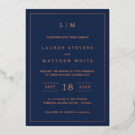 Invitación Con Relieve Metalizado Simple Navy Blue Monograma Elegante Boda