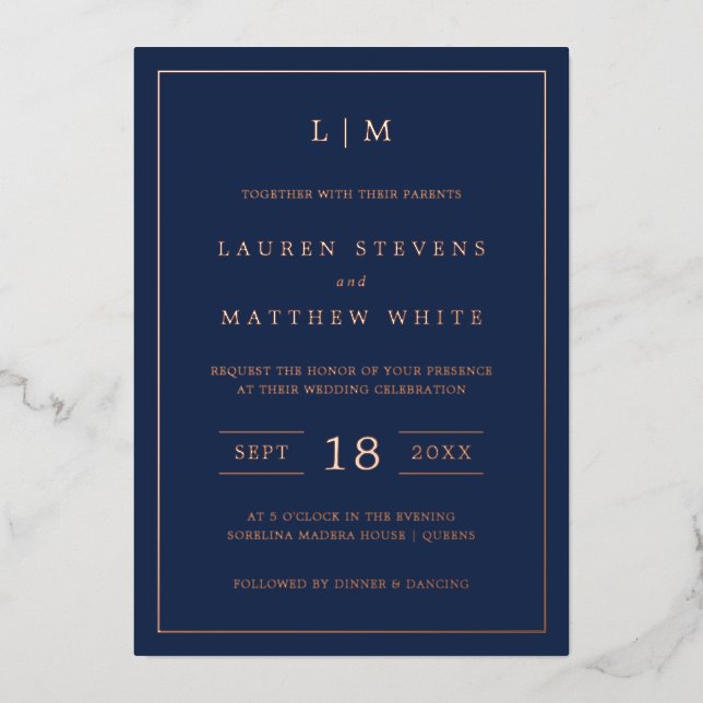 Invitación Con Relieve Metalizado Simple Navy Blue Monograma Elegante Boda (Anverso)