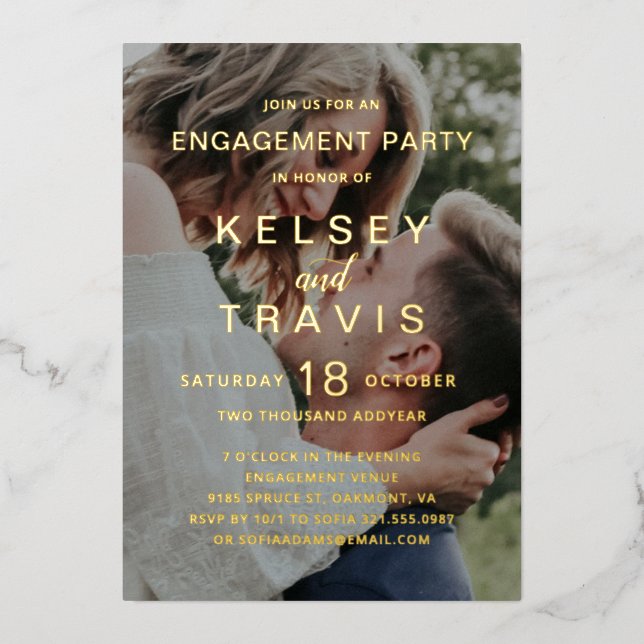 Invitación Con Relieve Metalizado Simple Photo Modern Engagement Party (Anverso)