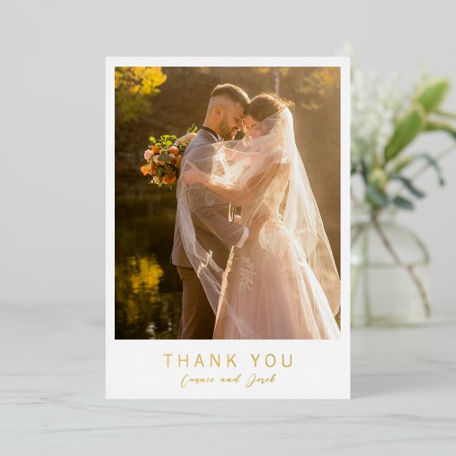 Invitación Con Relieve Metalizado Simple Photo Modern Wedding Foil Thank You Card (Anverso de pie)