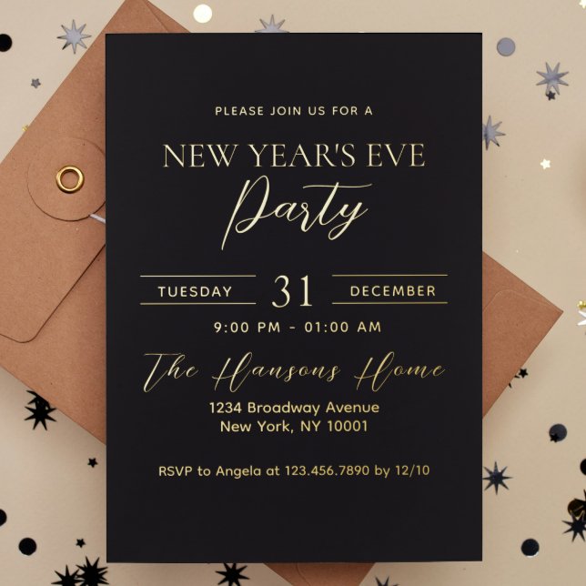Invitación Con Relieve Metalizado Simple Premium Gold y Fiesta negro de Nochevieja (Subido por el creador)