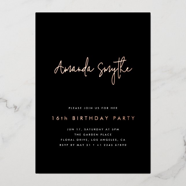 Invitación Con Relieve Metalizado Simple Rosa Gold y Black 16th Birthday Party (Anverso)