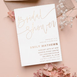 Invitación Con Relieve Metalizado Simple Rosa Oro Caligrafía Bridal Shower