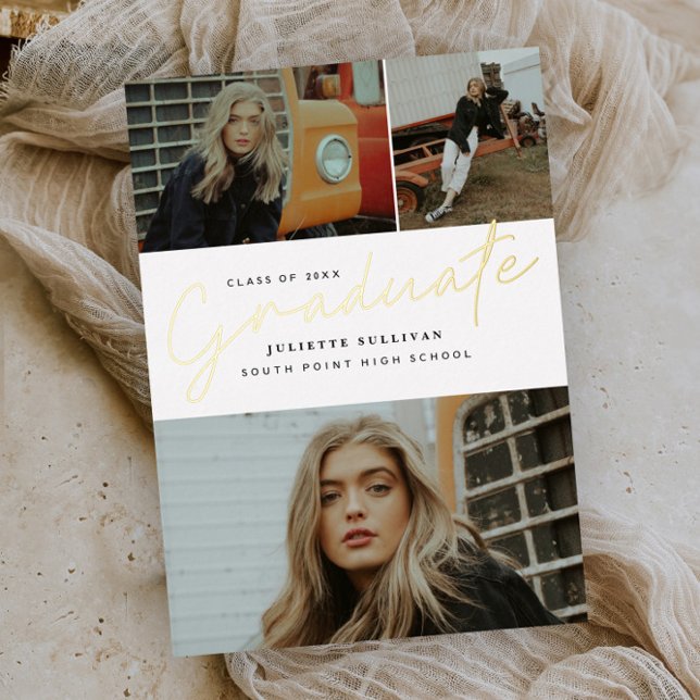 Invitación Con Relieve Metalizado Simple Script 3 Foto Partido de Graduación (Subido por el creador)