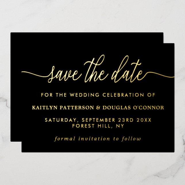 Invitación Con Relieve Metalizado Simple Script - Hoja de aluminio real - Guardar la (Anverso/Reverso)