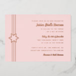 Invitación Con Relieve Metalizado Simple Stripe Bat Mitzvah Star of David Rosa Gold<br><div class="desc">El verdadero Relieve metalizado de oro está aquí; elige entre el Relieve metalizado dorado, el oro rosa o el Relieve metalizado plateado. El color de fondo es el personalizable. Si lo desea, agregue también una foto al reverso. Si desea quitar texto de la capa de Relieve metalizado, introduzca el editor...</div>