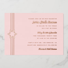 Invitación Con Relieve Metalizado Simple Stripe Bat Mitzvah Star of David Rosa Gold