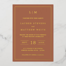 Invitación Con Relieve Metalizado Simple Terracota Monograma Elegante Boda
