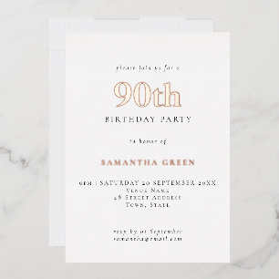 Invitación Con Relieve Metalizado Simple tipografía 90 cumpleaños Rosa de oro