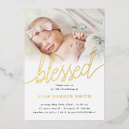 Invitación Con Relieve Metalizado Simple Una Foto Bendecida Baptism Gold
