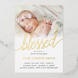 Invitación Con Relieve Metalizado Simple Una Foto Bendecida Baptism Gold