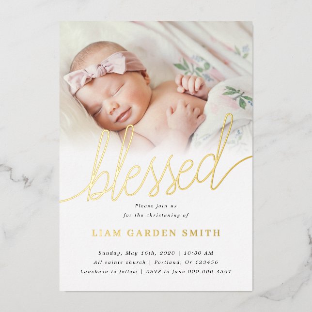 Invitación Con Relieve Metalizado Simple Una Foto Bendecida Baptism Gold (Anverso)