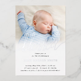 Invitación Con Relieve Metalizado Simple Una Foto Bendecida Baptism Silver