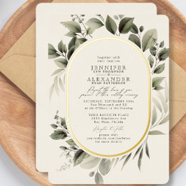 Invitación Con Relieve Metalizado Simple Vegetación Eucalipto Marfil Boda Dorado