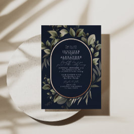 Invitación Con Relieve Metalizado Simple vegetación Eucalipto Rosa de boda Navy
