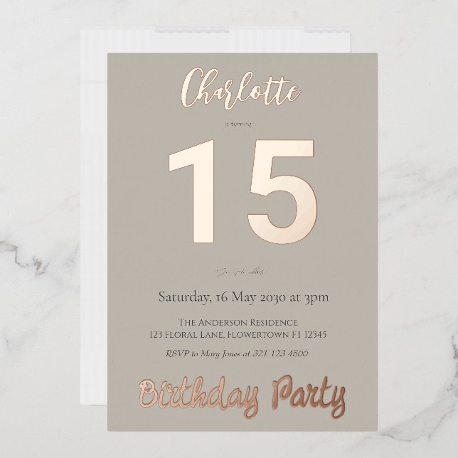 Invitación Con Relieve Metalizado Simple y moderna fiesta de cumpleaños número 15 (Sobre)