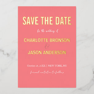 Invitación Con Relieve Metalizado Simple Y Moderno Rosa De Coral Ahorra La Fecha Oro