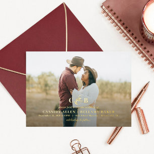 Invitación Con Relieve Metalizado Simplemente espléndido FOIL Monograma Foto Boda