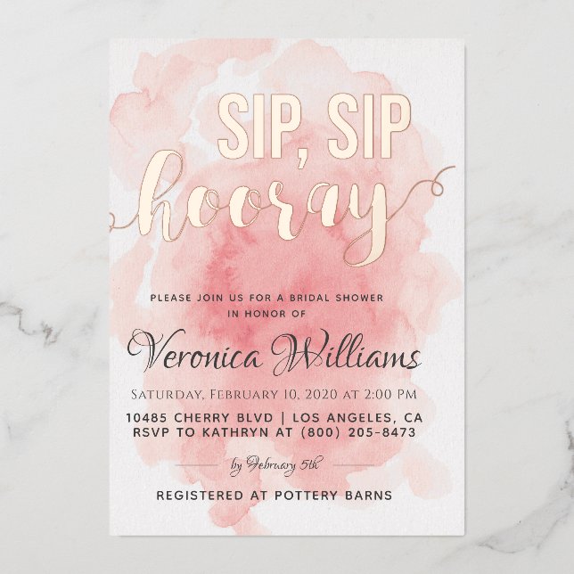Invitación Con Relieve Metalizado Sip Sip Hooray Bridal Shower (Anverso)