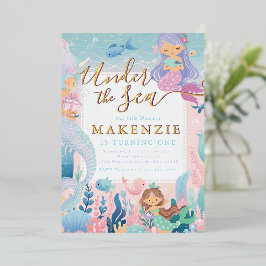 Invitación Con Relieve Metalizado Sirena de cumpleaños bajo el mar
