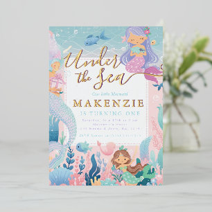 Invitación Con Relieve Metalizado Sirena de cumpleaños bajo el mar