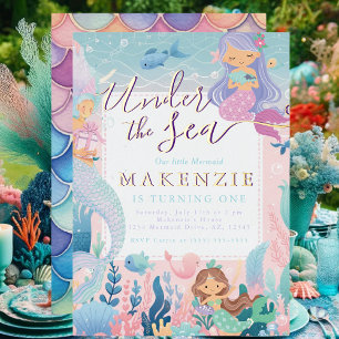 Invitación Con Relieve Metalizado Sirena Pastel Caprichosa Bajo el Mar