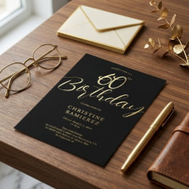 Invitación Con Relieve Metalizado Sixtieth Birthday Party Black And Gold Photo 