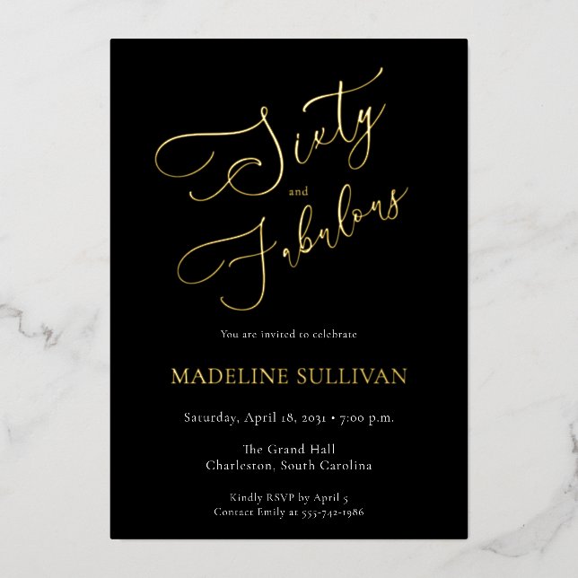 Invitación Con Relieve Metalizado Sixty and Fabulous Script Gold 60th Birthday Party (Anverso)