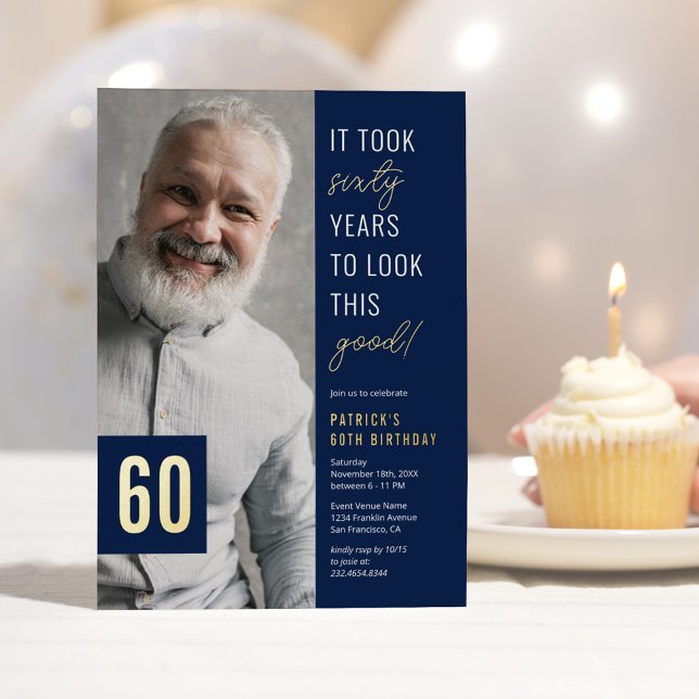 Invitación Con Relieve Metalizado Sixty Photo Blue & Gold 60th Birthday Party Real (Subido por el creador)