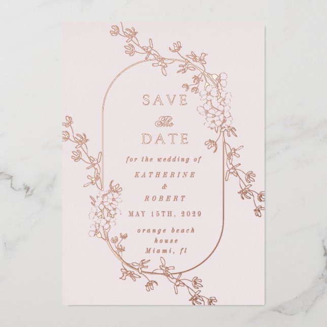 Invitación Con Relieve Metalizado Sketched Modern Floral Wedding Foil Invitation (Anverso)