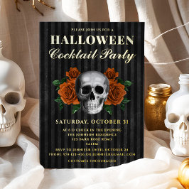 Invitación Con Relieve Metalizado Skull Orange Roses Halloween Cocktail Party Gold