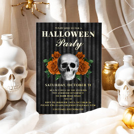Invitación Con Relieve Metalizado Skull Orange Roses Halloween Party Gold
