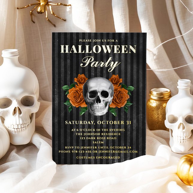 Invitación Con Relieve Metalizado Skull Orange Roses Halloween Party Gold  (Skull Orange Roses Halloween Party Gold Foil Invitation)