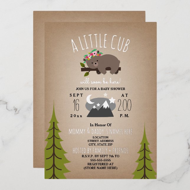 Invitación Con Relieve Metalizado Sleepy Bear Cub Stars Cardstock Chica Baby Shower (Anverso/Reverso)