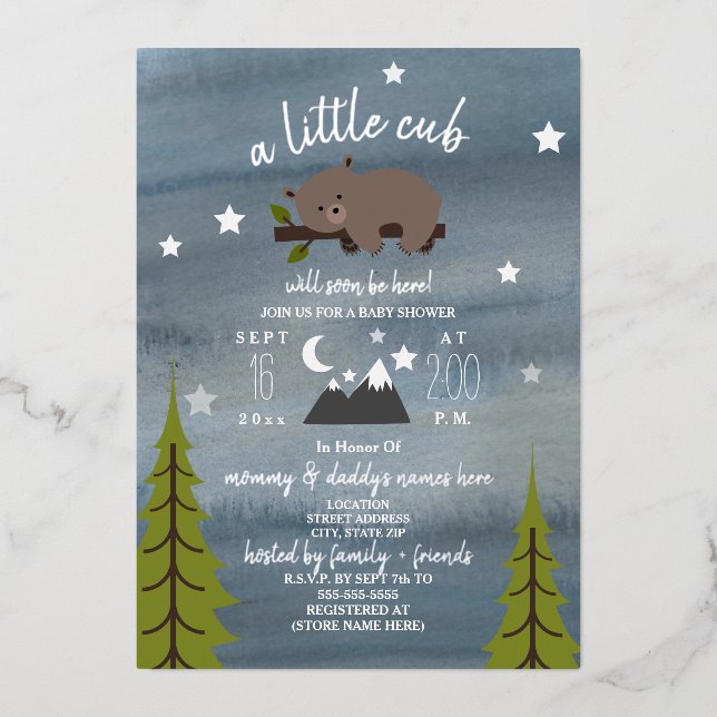 Invitación Con Relieve Metalizado Sleepy Bear Stars Baby Shower (Anverso)