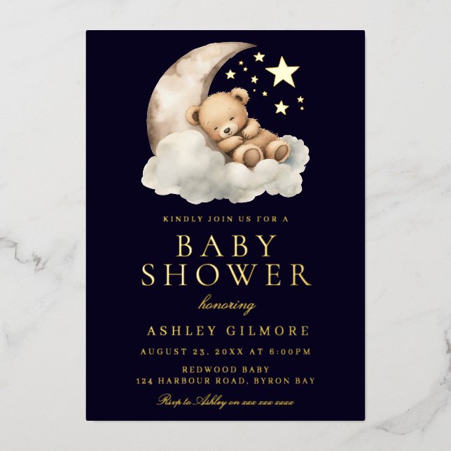 Invitación Con Relieve Metalizado Sleepy Teddy Bear en Moon Baby Shower Gold (Anverso)