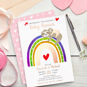 Invitación Con Relieve Metalizado Sloth Rosa Arcoíris Niña Baby Shower Rosa Oro Real