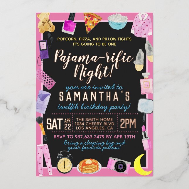 Invitación Con Relieve Metalizado Slumber Sleepover Pajama rival (Anverso)