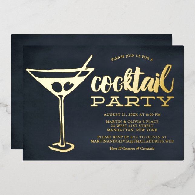 Invitación Con Relieve Metalizado Snazzy Blue Martini Glass Cocktail Fiesta (Anverso/Reverso)