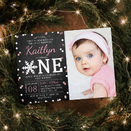 Invitación Con Relieve Metalizado Snowflake Winter Chalkboard Foto de primer cumplea