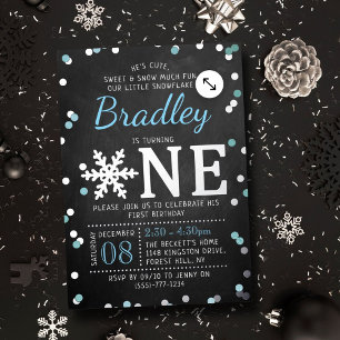 Invitación Con Relieve Metalizado Snowflake Winter Chalkboard Primer cumpleaños Real