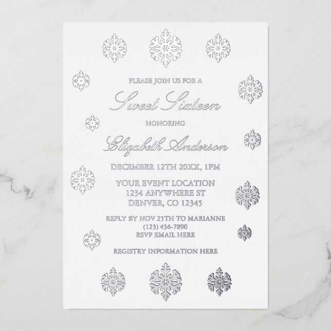 Invitación Con Relieve Metalizado Snowflake Winter Sweet Dieciséis (Anverso)