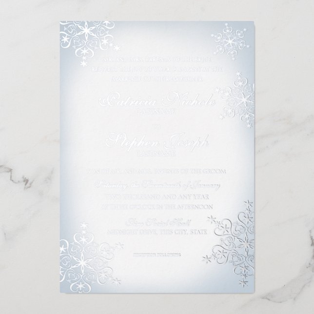 Invitación Con Relieve Metalizado Snowflakes Dusty Blue Boda Silver (Anverso)