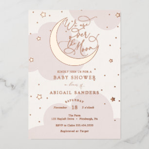 Invitación Con Relieve Metalizado Sobre el Baby Shower rosa de la luna de oro
