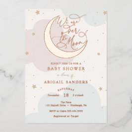 Invitación Con Relieve Metalizado Sobre el Baby Shower rosa y azul de la luna de oro